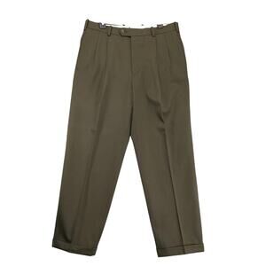 R&Y Gold Label Green Wool Dress Pants Men's 34x29 Pleated Stretch Straight Cuff